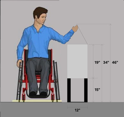 Graphic of an individual in a wheelchair reaching to the side to access the DorrCan trash can shown with the door closed and lid open. Included are dimension lines showing the DorrCan to be 12" wide, 34" from the bottom of the base to the top of the trash can, 46" from the bottom of the base to the top of the opened lid, 15" from the bottom of the base to the bottom of the cabinet, and 19" from the bottom of the cabinet to the top of the trash can