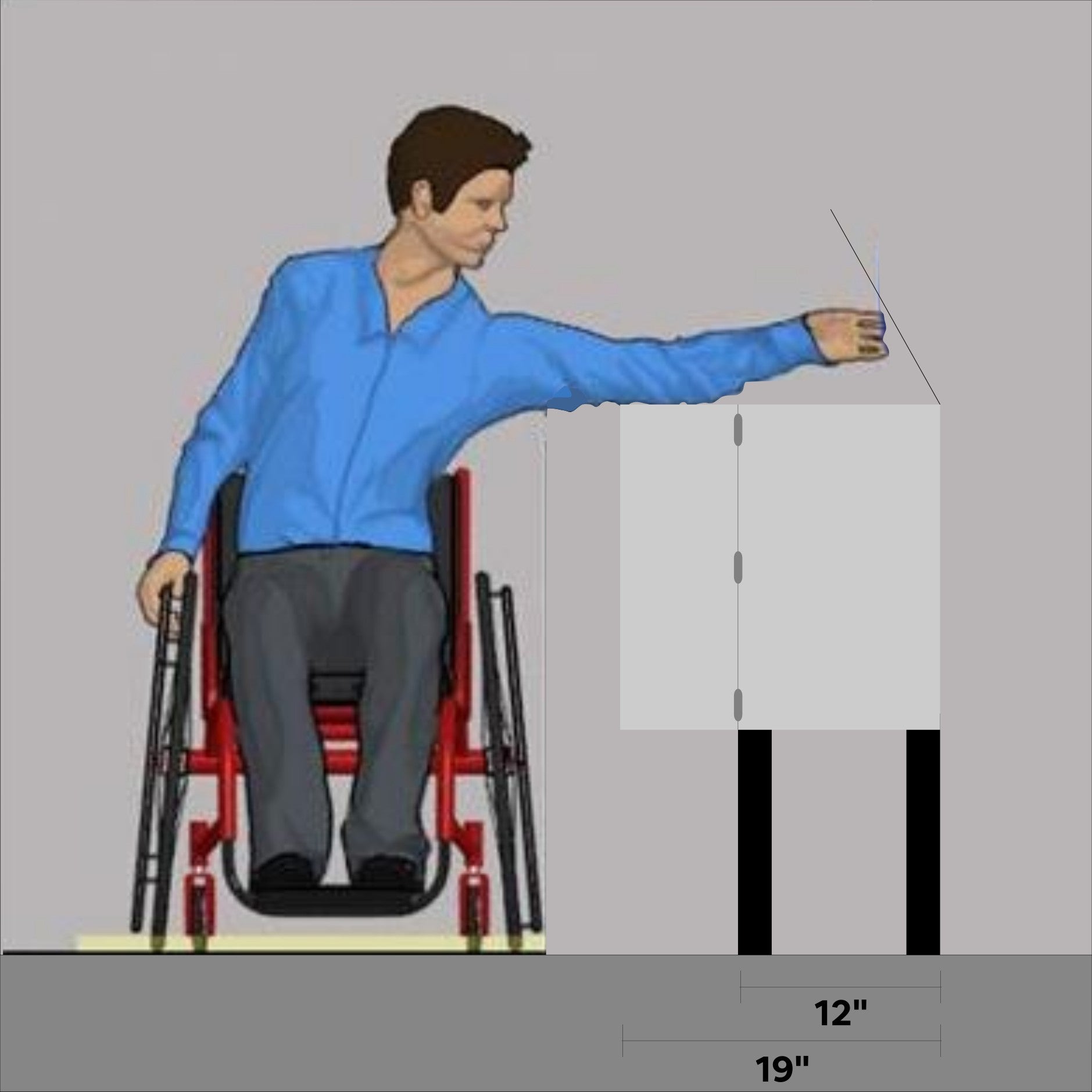 Individual in a wheelchair reaching sideway to a DorrCan trash can that has the lid and door opened. Including are dimension lines showing the width of the trash can as 12", and the width the open door to the back of the trash can as 19"